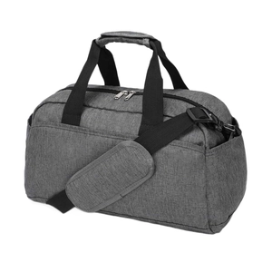 Deep grey multipurpose travel duffel bag with adjustable padded strap and side pockets