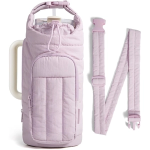 Close-up of lavender quilted water bottle bag with drawstring closure and zip pocket