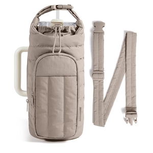 Quilted Water Bottle Carrier Bag Adjustable Shoulder Strap Front Zipper Pocket Portable Crossbody For Outdoor Sports