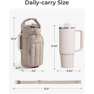 Quilted pink insulated water bottle bag and 40oz tumbler with adjustable shoulder strap