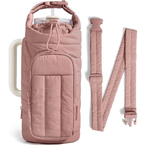 Quilted water bottle carrier in mauve pink with adjustable strap and front zipper pocket