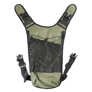 Detail view of army green tactical chest bag with mesh pocket and elastic cord system