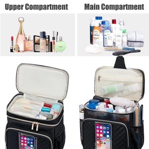 Schwarze Kulturtasche zum Aufhängen aus Nylon mit gestepptem Design und Handyfach