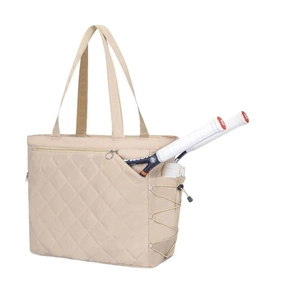 Sac de tennis matelassé beige avec compartiment raquette et poche pour bouteille