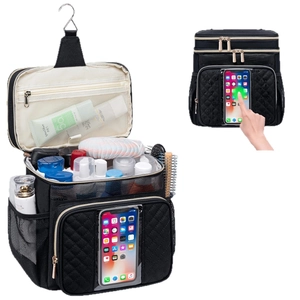 Hängende Kulturtasche mit schwarzem Steppmuster und Klarsicht-Touchscreen-Handytasche