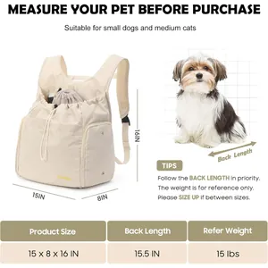 Detailed size chart for breathable pet carrier backpack with dimensions and 15lb capacity