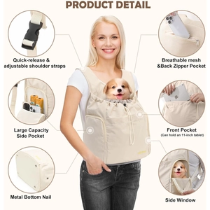 Detail of adjustable straps, front pocket for tablets, and mesh window on pet carrier