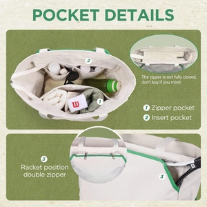 Bolso grande de lona para tenis con compartimento para raqueta y bolsillos deportivos