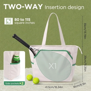 Bolso de tenis en lona beige con ribete verde y bolsillo para raqueta de tenis