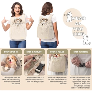 Detailed views of adjustable beige pet carrier backpack with breathable mesh and straps