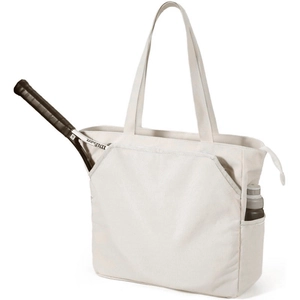 Bolso de tenis de lona crema con compartimento para raqueta y bolsillo lateral externo