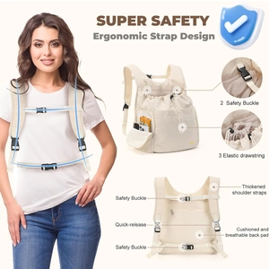 Detail showing ergonomic shoulder straps and safety buckles on a cream pet carrier backpack