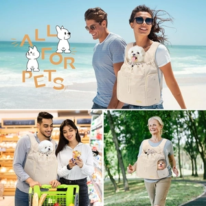 Three lifestyle scenes showing a beige breathable pet backpack for small cats and dogs