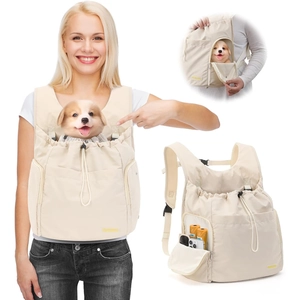 Detail view of beige pet carrier with adjustable drawstring and side head opening feature