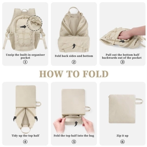 Folding steps for beige lightweight hiking backpack into a compact storage pouch