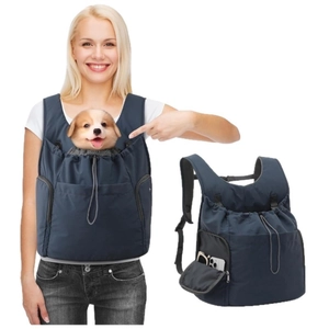 Blue front-facing pet carrier backpack with wide straps and side pockets for small dogs