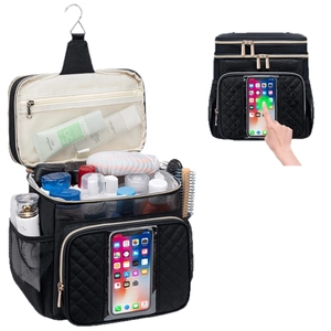 Hängende schwarze Kulturtasche aus gestepptem Nylon mit Metallhaken und Handyfach