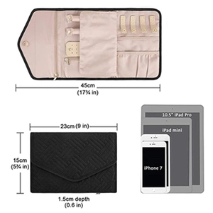 Black quilted travel jewelry organizer bag with pink lining and internal size dimensions