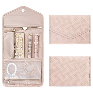 Foldable pink travel jewelry organizer bag with compartments for rings and necklaces