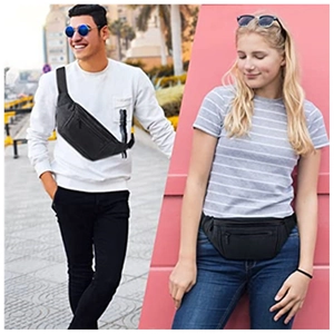 Versatile black nylon waist bag for men and women, shown as fanny pack and crossbody bag