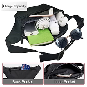 Large capacity black nylon waist bag with main compartment and anti-theft back pocket