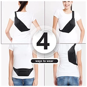 Versatile black waterproof nylon fanny pack showing four functional ways to wear as a crossbody bag