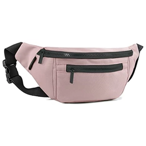 Close-up of pink nylon waist bag showing double black zippers and adjustable buckle strap