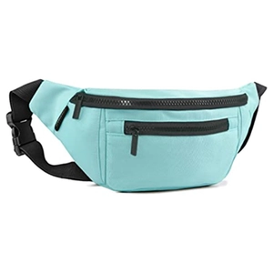 Detail of mint green nylon sports waist bag with zipper pockets and plastic buckle