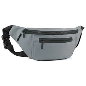 Detail view of the durable gray nylon waist bag with black zippers and adjustable strap