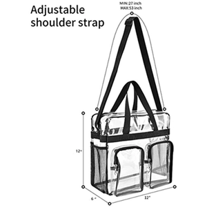 Clear PVC stadium bag with black straps and adjustable shoulder strap, 12x12x6 inches size