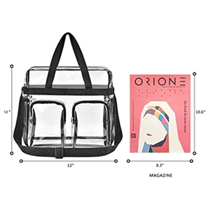 Transparent PVC tote bag with black handles and front pockets shown with size reference