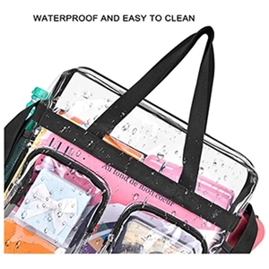 Waterproof clear PVC tote bag with multi-pocket design and black nylon handles