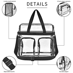 Detail view of transparent PVC tote bag showing dual front zip pockets and mesh side holders