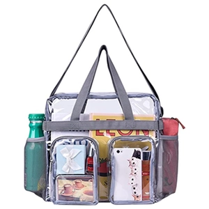 Detailed view of clear PVC tote bag with two front zipper pockets and grey mesh side pocket