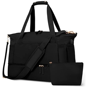 Black travel duffel bag with USB port and separate shoe compartment for fitness yoga