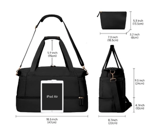 Detailed size view of black nylon gym bag with rose gold zippers and shoe compartment