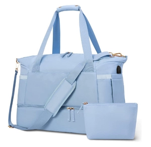 Detail of light blue yoga gym bag with USB port and separate shoe compartment