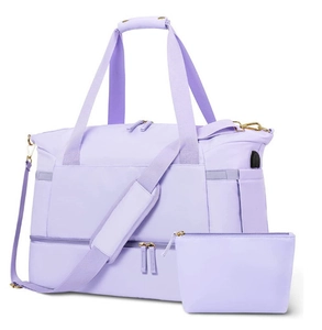 Lavender travel duffel bag set with USB port, shoe compartment and matching pouch