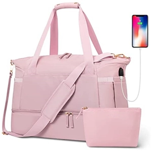 Pink travel duffel bag with USB port, large yoga gym bag and matching pouch set