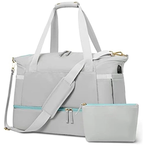 Light grey gym travel duffel bag with USB port and separate shoe compartment