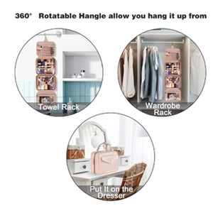 Pink hanging toiletry bag with 360-degree swivel hook and four-tier storage layers