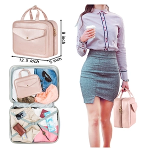 Pink waterproof travel toiletry bag with large capacity handle and 12.5x9x5 inch dimensions