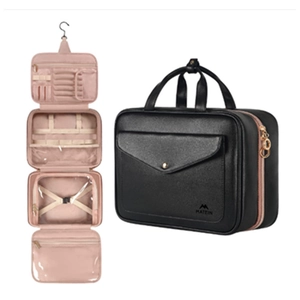 Detailed view of the large capacity travel toiletry bag with hanging hook and compartments