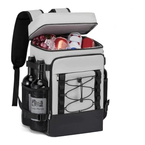 Large grey insulated cooler backpack with wine bottle side pockets and top storage