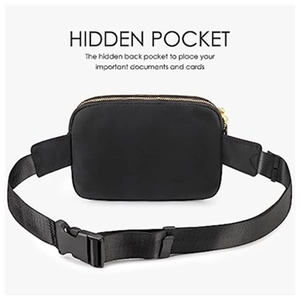 Black nylon waist bag rear view showing hidden pocket and adjustable strap