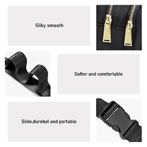 Black padded nylon waist bag with golden metal zippers and adjustable webbing strap