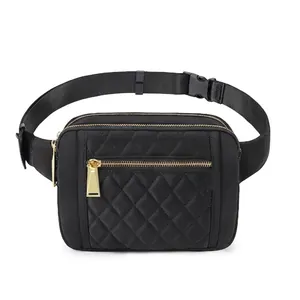 Quilted black waist bag with adjustable strap and size guide dimensions shown clearly