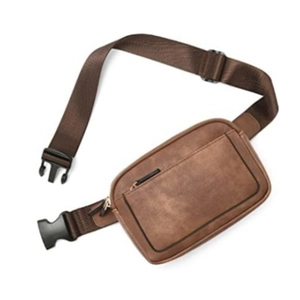 Close-up of vintage brown PU leather waist bag with matte finish and black zipper detail