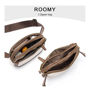 Three-layer zipper crossbody fanny pack in white and brown faux leather with roomy storage