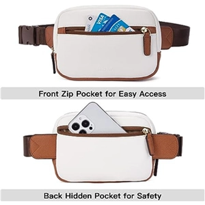 Front and back detail of white PU leather waist bag with brown trim and dual zip pockets